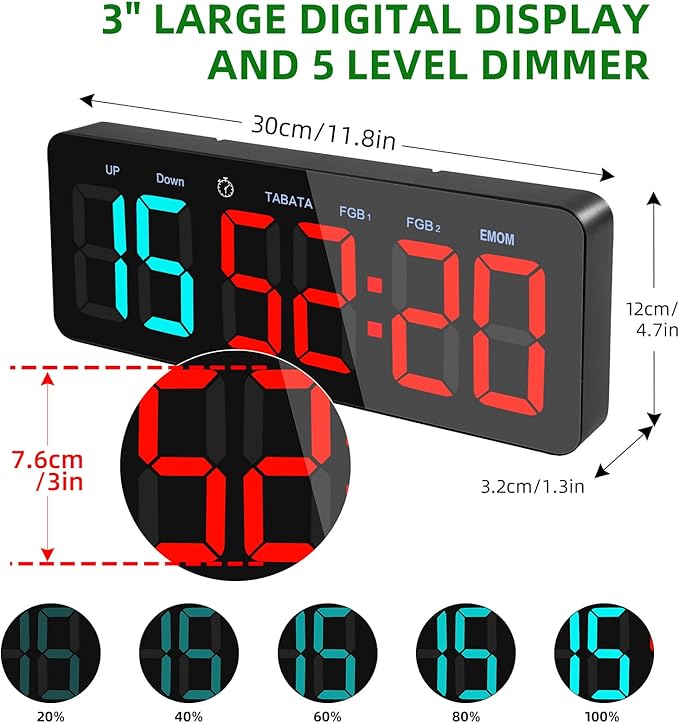 PELLOR Upgraded Gym Timer Clock for FBG/EMOM/Tabata, Interval Timer with Function Modes Display, Countdown/Up Stopwatch Clock for Sports,Home Gym,Yoga,Boxing,Garage,Office,Classroom