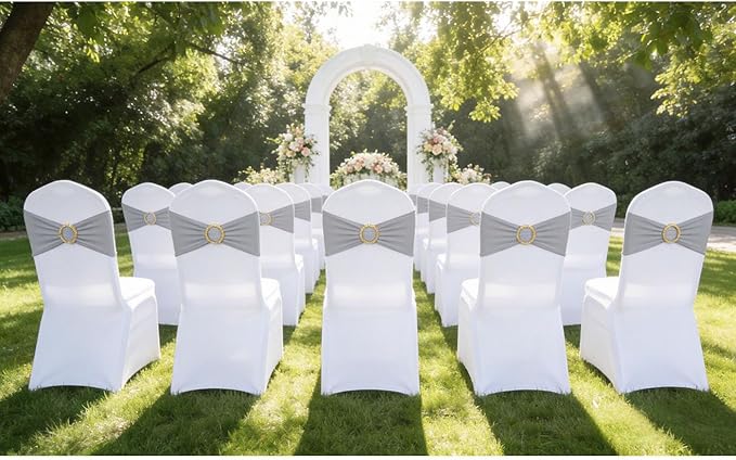 50 Pack Grey Chair Sashes with Gold Buckle Slider, Spandex Silver Chair Bands Bows for Folding Chairs Wedding Party Banquet Decor