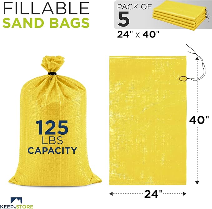 Heavy Duty Sand Bags Pack of 5, Bright Yellow Empty Sandbags with Built-In Ties, Woven Polypropylene UV Protection 1600 Hours, Fillable Bags for Flood Control, Weight, 24x40 inches, 125 Pounds Volume