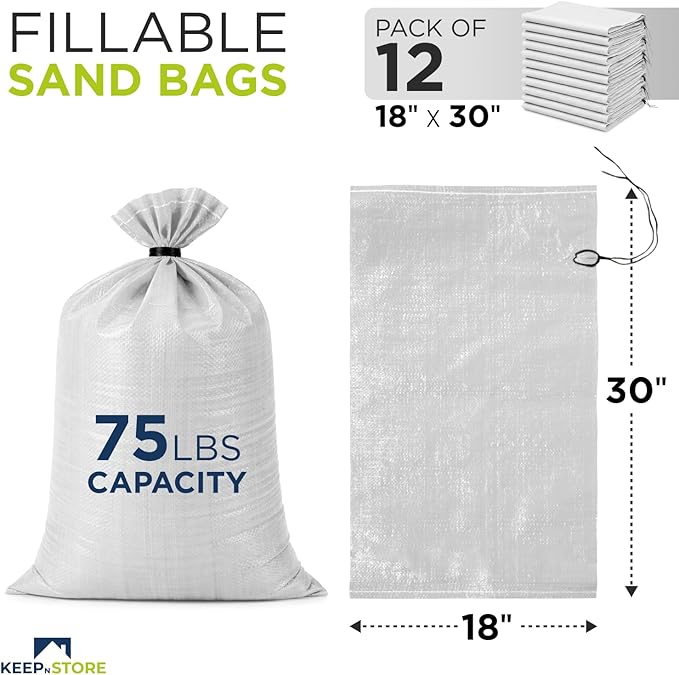 Heavy Duty Sand Bags Pack of 12, White Empty Sandbags with Built-In Ties, Woven Polypropylene UV Protection 1600 Hours, Fillable Bags for Flood Control, Weight, 18x30 inches, 75 Pounds Volume