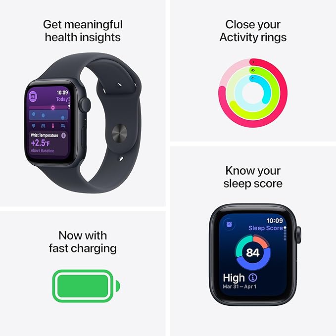 Apple Watch SE 3 [GPS 44mm] Smartwatch with Midnight Aluminum Case with Midnight Sport Band - M/L. Fitness and Sleep Trackers, Heart Rate Monitor, Always-On Display, Water Resistant
