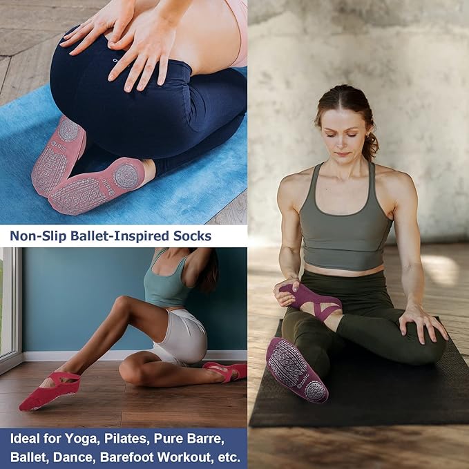 Ozaiic Pilates Socks for Women Non Slip Grip, Yoga Socks with Grippers for Barre, Hospital, Ballet, Dance, Barefoot Workout