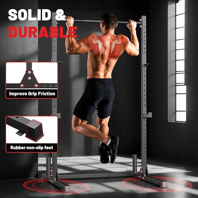 papababe Squat Rack with Pull Up Bar for Home Gym, Adjustable Power Cage with J-Hooks, 800LB Capacity Multi-Functional Bench Press Power Rack for 6FT, 7FT Barbell, Weight Lifting Rack