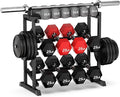 PLKOW Adjustable 3-Tier Dumbbell Rack with Barbell & Weight Plate Storage for Home Gym, Heavy Duty Steel Weight Rack Stand, Angle Height Width Adjustable Gym Organizer