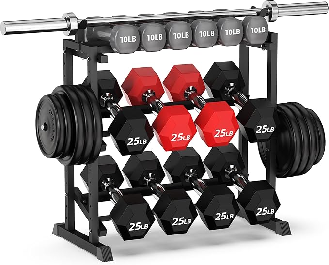 PLKOW Adjustable 3-Tier Dumbbell Rack with Barbell & Weight Plate Storage for Home Gym, Heavy Duty Steel Weight Rack Stand, Angle Height Width Adjustable Gym Organizer