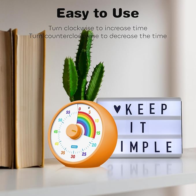 Visual Timer for Kids, 60-Minute Countdown Timer for Classroom Office Kitchen, Desk Timer Kids Time Management Tools with Silent Operation, Pomodoro Time Rainbow Pattern (Orange)