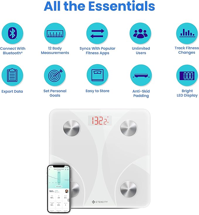 Etekcity Scale for Body Weight, Smart Digital Bathroom Weighing Scales with Body Fat and Water Weight for People, Bluetooth BMI Electronic Body Analyzer Machine, 400lb
