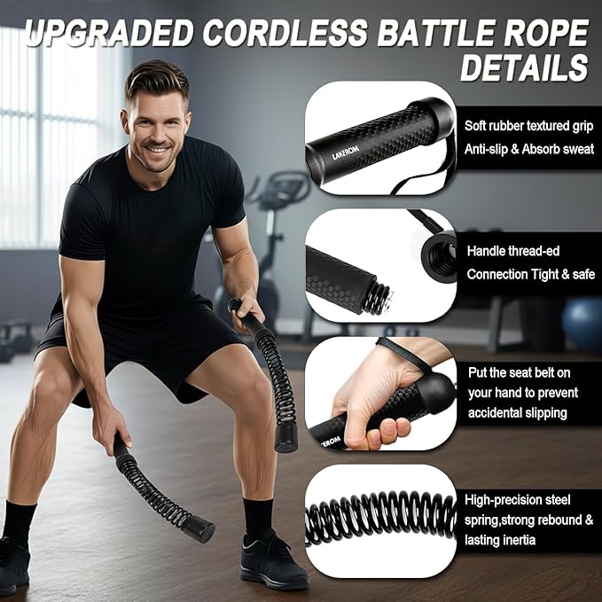 Ropeless Battle Ropes (2-in-1) Elatic Fitness Bar,Cordless Battle Ropes Sticks with Exercise Guide,Portable Home Gym Equipment for HIIT,Strength Low-Impact Workouts for Men & Women Grey