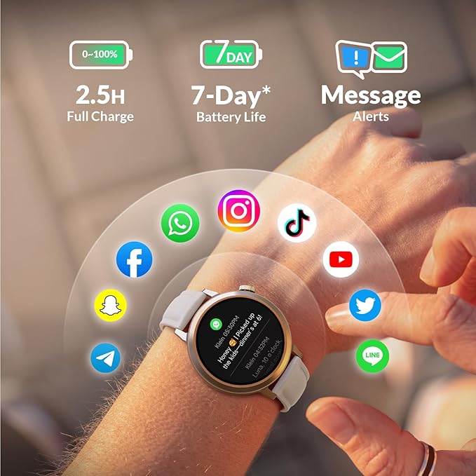FANY Smart Watch for Women, 1.1'' AMOLED Ultra-Clear Display with Aluminum Case & Leather Band, Fitness Tracker with Sleep/Heart Rate/SpO2/ Breathing/Step Monitor, 110+ Exercise Modes for Android/iOS