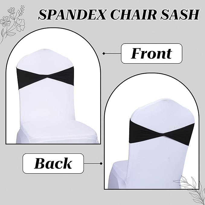MDS Pack of 10 Spandex Chair Sashes Bows Elastic Stretch Dining Chair Bands Ties Without Slider Buckle Universal fits for Wedding Baby Shower Birthday Party Banquet Event Decoration - Black
