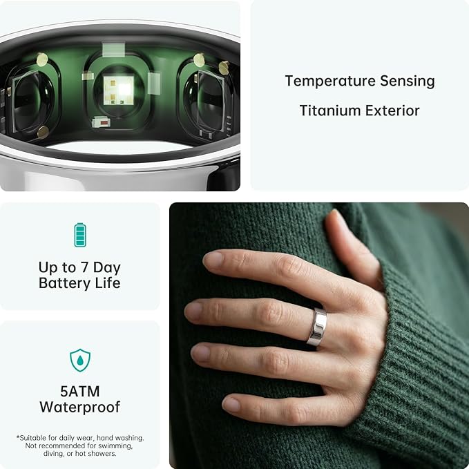 opove O Ring Smart Ring, Fitness Trackers Rings with Sleep/Stress/Heart Rate/Women's Health Monitoring, Comfortable Wearing, Up to 7 Days Using, Fitness Ring for Android & iOS, Silver-Size13