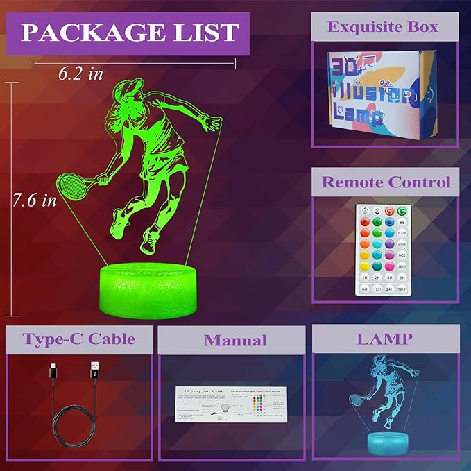 Tennis Night Light, Tennis Gifts for Girls, 3D Illusion Lamp with Remote Control, 16 Colors Changing, RGB Flashing Mode, Timer and Dimmable, Christmas Decor