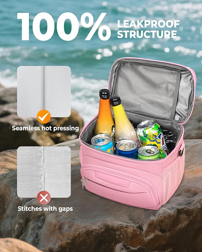 Lunch Boxs for Women/men Insulated Lunch bag,Leakproof Lunchbox with Adjustable Shoulder Strap for Adults,Soft Cooler Tote Bag for Office Fitness Picnic Beach Travel - Pink 12-Can(8L)