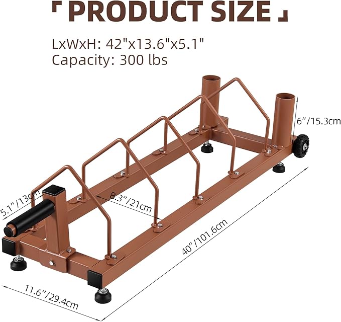 Olympic Barbell Plate Organizer with Steel Frame for home or gym,Horizontal Plate with Handle and Wheels, 300LBS Capacity, Brown
