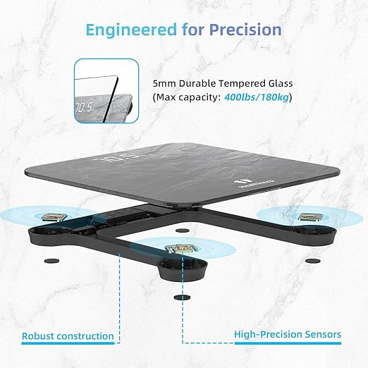 Healthkeep Digital Bathroom Scale, High Precision, with Step-On Technology, LED Display, Slim Design, Max. 180 kg/400 lb, Marbled Gray