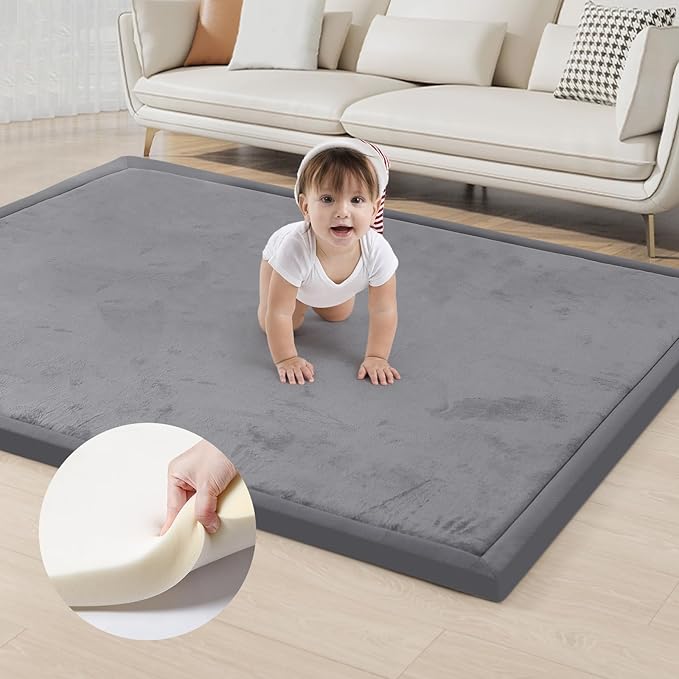 ACOMOPACK Baby Play Mat for Floor 1.3" Thick Memory Foam Play Mat 59"×71" Tummy Time Crawling with Non-slip Bottom for Living Room,Nursery,Soft Velvet Playpen Mats for Kids,Infants（Dark Grey）