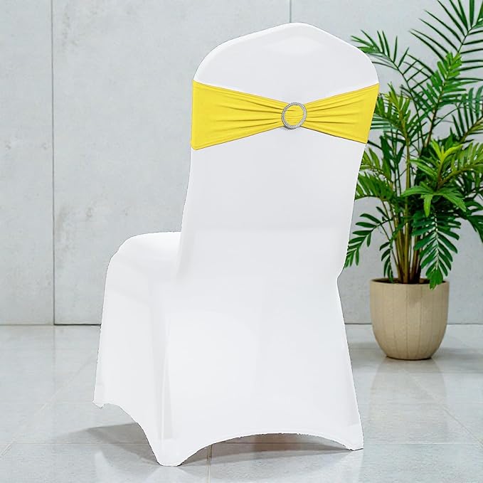 MDS Pack of 200 Spandex Chair Sashes Bows Universal fits Elastic Stretch Chair Bands Ties with Buckle Slider Bow for Wedding Decoration Spandex Slider Sashes Bow - Yellow
