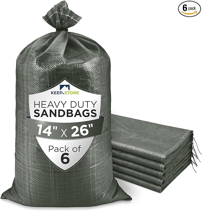 Heavy Duty Sand Bags Pack of 6, Army Green Empty Sandbags with Built-In Ties, Woven Polypropylene UV Protection 1600 Hours, Fillable Bags for Flood Control, Weight, 14x26 inches, 50 Pounds Volume