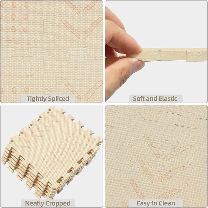 qqpp EVA 18 Tiles Baby Play Mat for Playing, Interlocking Foam Floor Mats for Tummy Time & Crawling, Puzzle Flooring Tiles with Laser Pattern for Kids. Beige. QL-91(J) b18N