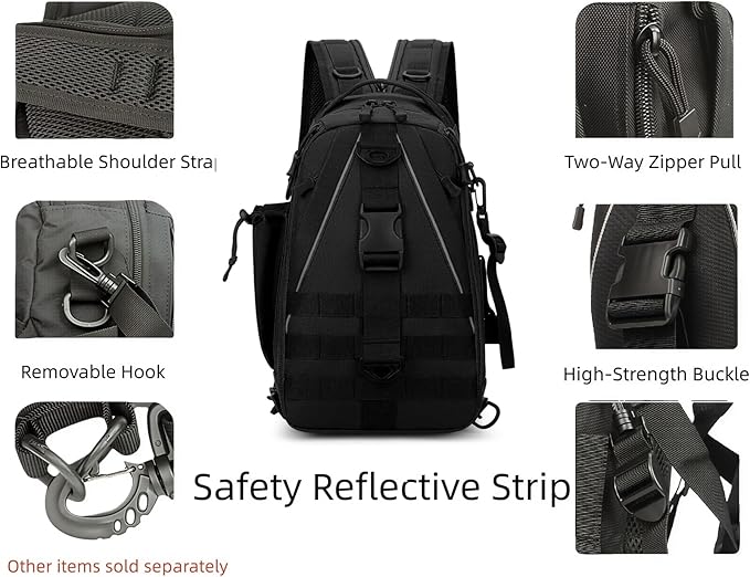 Mint & Moss Tactical Backpack for Men Water Resistant Tackle Backpack with Rod Holder & Tackle Box Kit, Lightweight Sling Fishing Bag for Trekking Survival Camping Fitness Travel (Black)