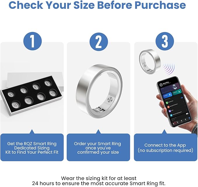 RQZ Smart Ring for Women Men, Fitness Tracker with Heart Rate Tracking, Sleep Tracking, Step Counter, Vibration Alert, 5ATM Waterproof, iOS Android Compatible, Silver Size 10