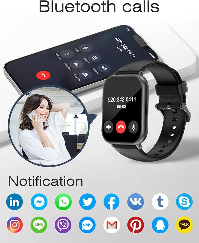 Smart Watches for Women Men (Answer/Make Calls, 3 Bands), 1.85" Fitness Tracker Watch for iPhone/Android Phones with Heart Rate Monitor Sleep/Steps Tracker 100+ Sports Pedometer Waterproof (Black)