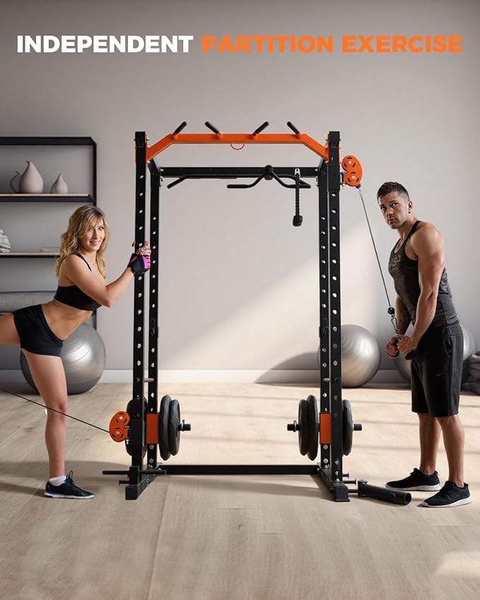Power Cage, Power Rack with Cable Crossover System, 2000LBS Squat Rack with LAT Pull Down System, Workout Cage with Pulley System for Fitness Home Gym Strength Training (Red&Black)