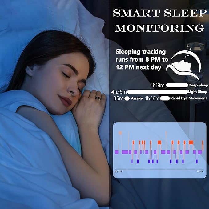 Smart Health Ring for Women Men Fitness Tracker with Heart Rate, Blood Oxygen, Blood Pressure, Sleep Monitoring, Step Counting, IP68 Waterproof for iOS and Android, No APP Fee, Black 12