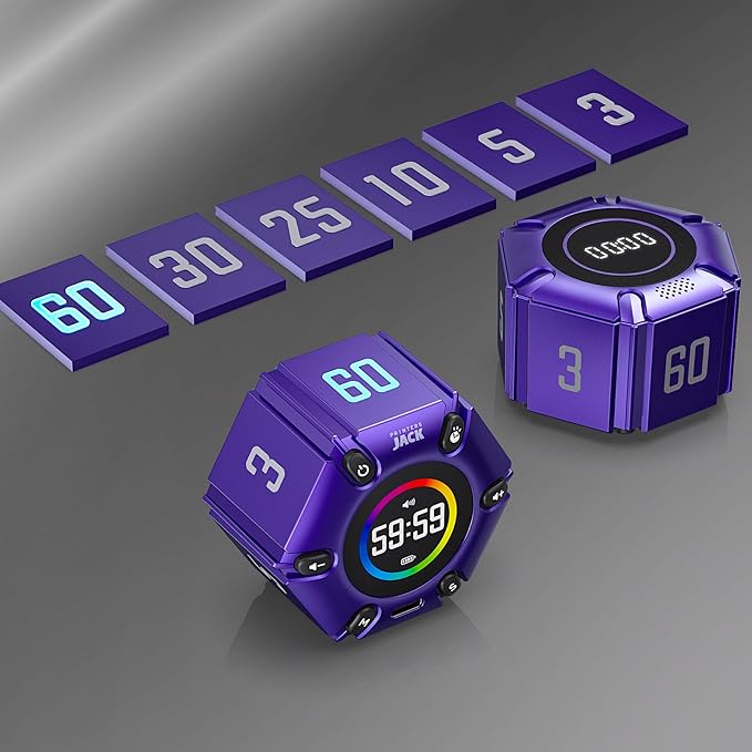 Printers Jack, Productivity Cube Timer, Visual Pomodoro Timer, Mute & Vibration & Adjustable Sound Alert, ADHD, for Office, Study, Work, 3/5/10/25/30/60min & Custom Countdown - Purple