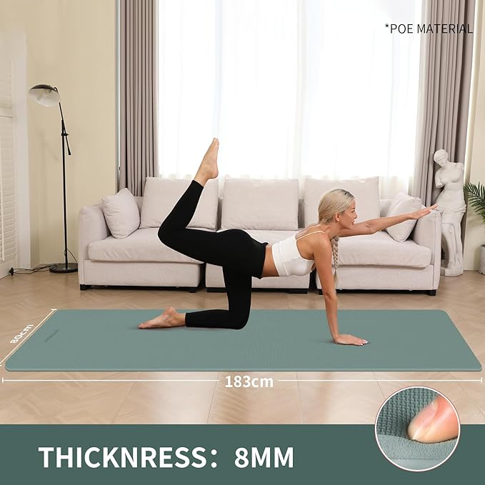 Extra Wide & Thick 8mm Yoga Mat, 72"x31.5" Large Non Slip Exercise Mat, Premium POE Material for Superior Cushioning & Stability, with Strap for Home Gym, Pilates
