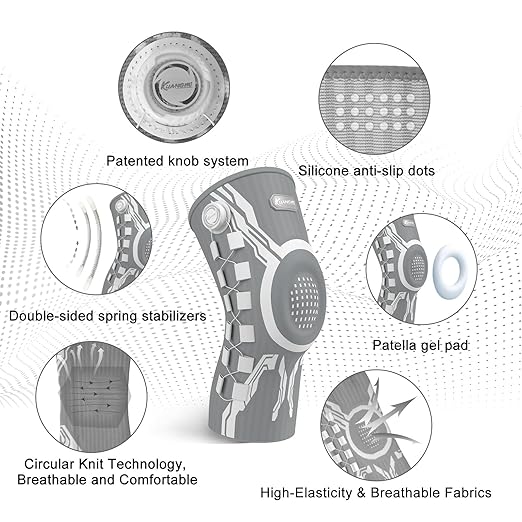 Kuangmi Knob Knee Brace for Pain Relief, Knee Support with Patella Gel Pad & Side Stabilizers, Compression Knee Sleeve for Workout, Arthritis, Joint Pain, Meniscus Tear (Gray White,Left,X-Large,Single)