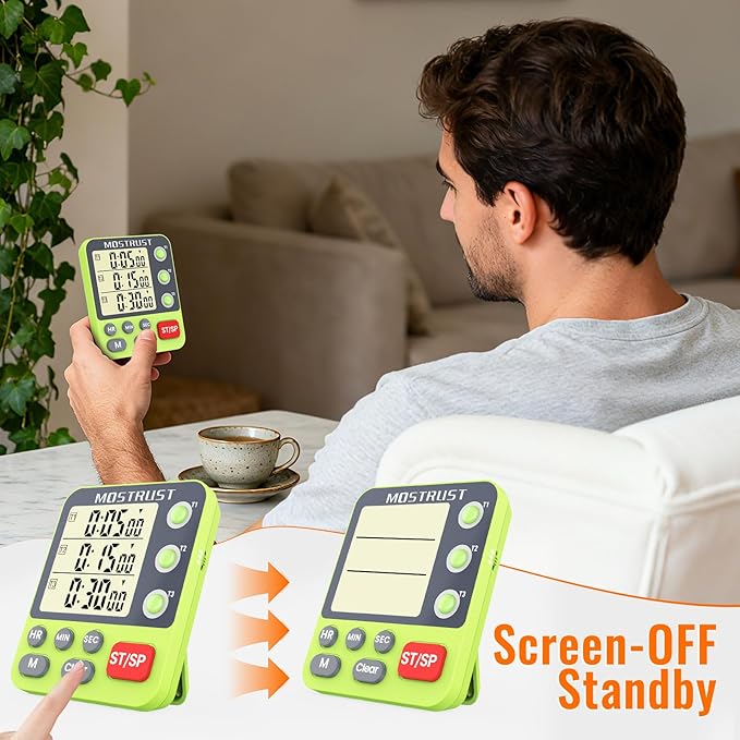 Digital Dual Kitchen Timer, 3 Channels Countdown Triple Timer for Cooking, Magnetic Memory-Preset Large-Display Adjustable Alarm Volume, Multi Times Management, 3A Battery Included, Green