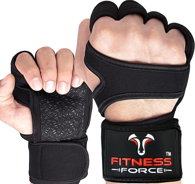 FITNESS FORCE Ventilated Weightlifting Gloves Workout Gloves for Men & Women with Built-in Wrist Wraps Fingerless Gym Gloves for Men Perfect for Exercise Fitness, Weight Lifting, Cross Training