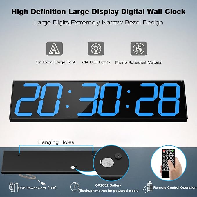 CHKOSDA Digital Wall Clock with Large Display, 28.4‘’LED 6-Digit Large Digital Clock with Adjustable Brightness, Multifunction Gym Clock with Countdown,Stopwatch and Workout Interval Timing (Blue)