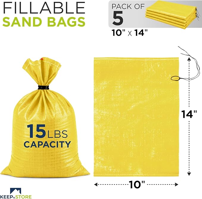 Heavy Duty Sand Bags Pack of 5, Bright Yellow Empty Sandbags with Built-In Ties, Woven Polypropylene UV Protection 1600 Hours, Fillable Bags for Flood Control, Weight, 10x14 inches, 15 Pounds Volume