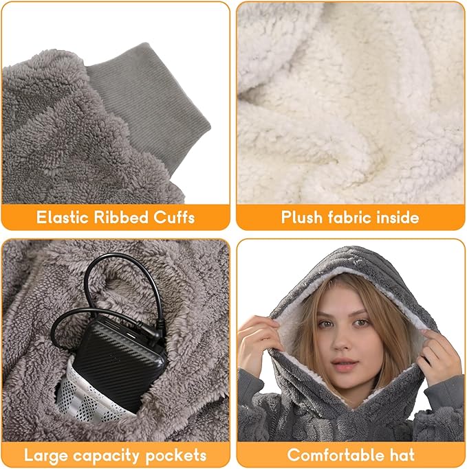 Heated Wearable Blanket Battery Powered, Come with 5000mAh Portable Rechargeable Charger, USB Fannel Sherpa Oversized Hoodie Sweatshirt, Machine Washable, Grey