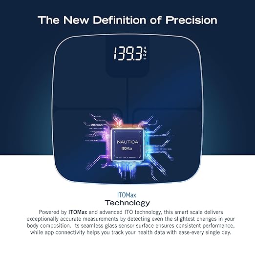 Nautica Smart Scale for Body Weight – BMI, Body Fat, Muscle Mass – 12 Metrics, Bluetooth App, ITO Technology, Hidden LED Display, 440lb Capacity – Body Tracker
