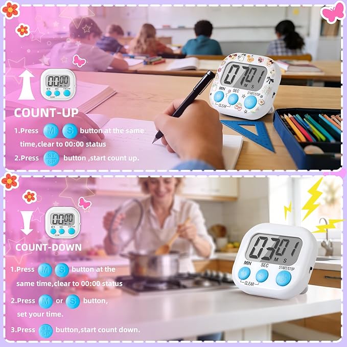 24 Pcs Multi-Function Electronic Timer Small Digital Kitchen Timer Digital Timer with Stickers Magnetic Back for Cooking Classroom Study Gym with Countdown/Up Mode,White