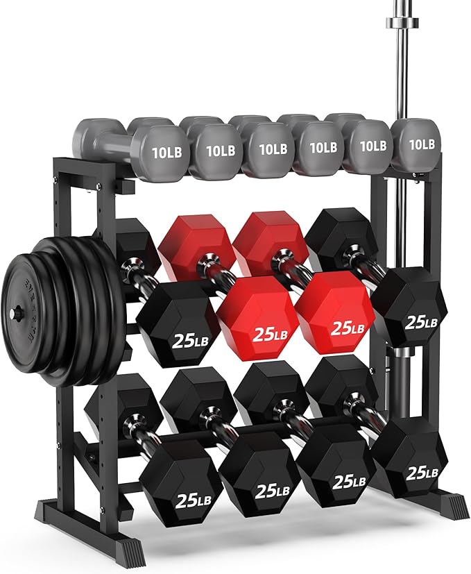 PLKOW Adjustable 3-Tier Dumbbell Rack with Barbell & Weight Plate Storage for Home Gym, Heavy Duty Steel Weight Rack Stand, Angle Height Width Adjustable Gym Organizer