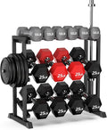PLKOW Adjustable 3-Tier Dumbbell Rack with Barbell & Weight Plate Storage for Home Gym, Heavy Duty Steel Weight Rack Stand, Angle Height Width Adjustable Gym Organizer