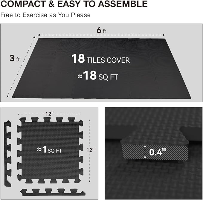 AIRHOP 18 Tiles Gym Floor Mat, EVA Foam Puzzle Gym Mat, High-Density Interlocking Foam Floor Tiles for Home Gym, Play Workout Garage Kitchen Flooring