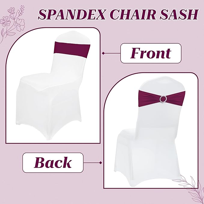 MDS Pack of 50 Spandex Chair Sashes Bow Premium Stretch Chair Cover Band with Buckle Slider Universal fits Elastic Dining Chair Ties for Wedding Party Banquet Events Decoration - Eggplant