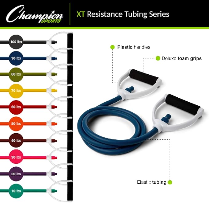 Champion Sports Resistance Tube Bands for Men and Women, Durable Stretch Fitness Band for Strength Training, Stretching, Rehabilitation- Premium Home Workout Equipment - 80 Lbs Resistance Tubing-Green