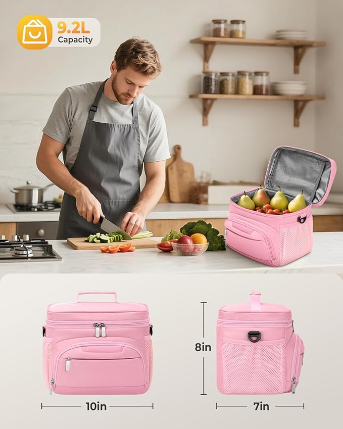 Lunch Boxs for Women/men Insulated Lunch bag,Leakproof Lunchbox with Adjustable Shoulder Strap for Adults,Soft Cooler Tote Bag for Office Fitness Picnic Beach Travel - Pink 12-Can(8L)