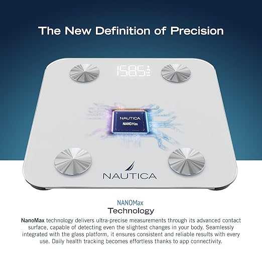 Nautica Body Tracker Digital Bathroom Scale, Bluetooth-Enabled Smart Scale with BMI, Body Fat, Muscle Mass Tracking & More, Syncs with Smartphone App for Body Composition Tracking, 396 Lbs.