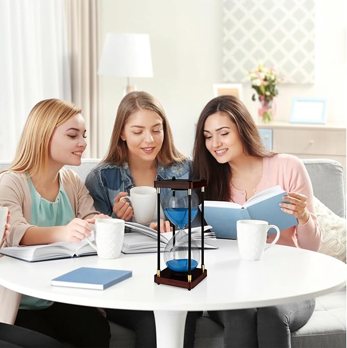 Large Sand Hourglass Timer, Vintage Wooden Sand Timer 60 Minutes, Glass Sand Clock Minutes with Wooden End Caps, Sand Timers for Games Classroom Home Office Kitchen Use (Blue Sand)
