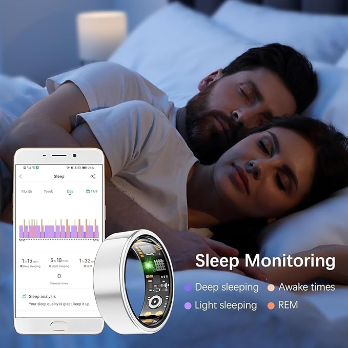 Smart Ring for Women Men, Fit Ring with Heart Rate, Blood Oxygen, HRV, Sleep Monitor, Stress, Step Counter, IP68 Waterproof Fitness Rings for iPhone & Android, No Subscription Fee (Silver, 9#)