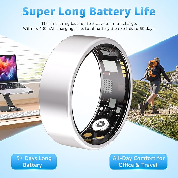 Smart Ring Health Tracker for Women & Men, Fitness Ring with Heart Rate Blood Oxygen, Sleep monitor, Step Tracker, IP68 Waterproof Compatible with iOS & Android, No Subscription Fee (Silver, 10)