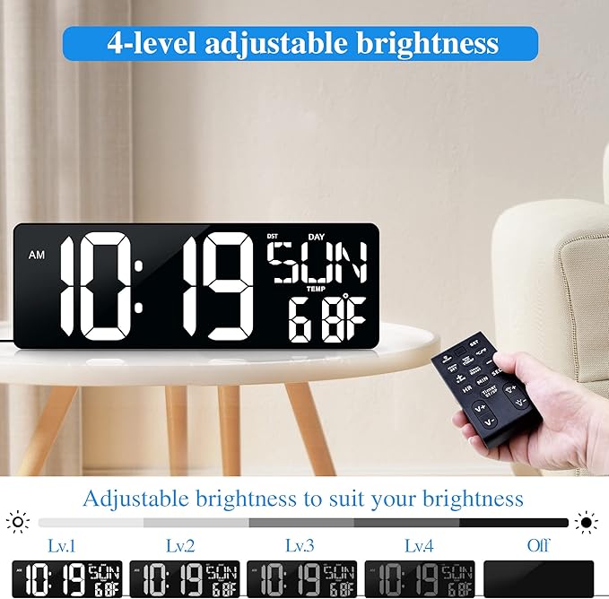 Large Digital Wall Clock with Remote Control 17.2" LED Large Display Timer with Temperature Date Week Auto DST Adjustable Brightness, Big Wall Alarm Clock for Living Room Office Garage Gym Seniors