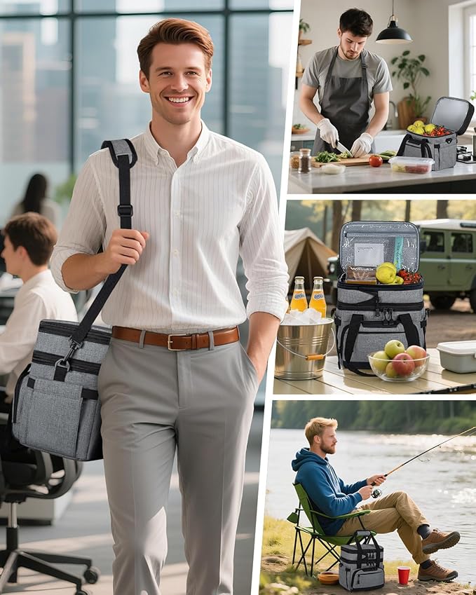 Large Lunch Box for Men/Women Dual-Compartment Insulated Lunch Bag,Adults Expandable Leakproof Cooler Bag Lunch Tote with Adjustable Shoulder Strap for Work Camping Picnic,Grey 24-Can(14L)